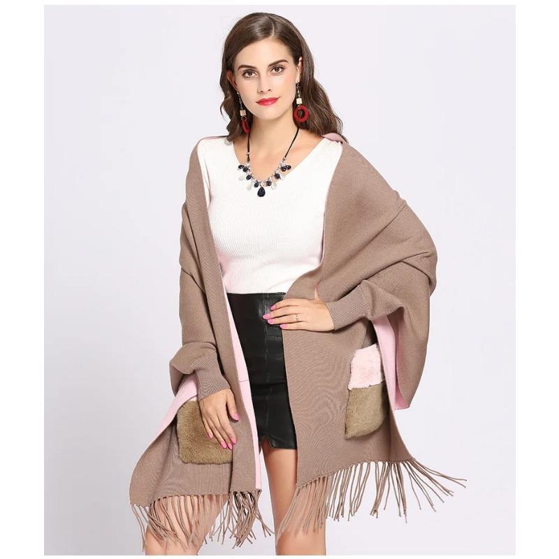 Winter Faux Cashmere Poncho Loose Streetwear Women Batwing Sleeve Shawl Capes Fur Pocket Female Oversize Tassel Knitted Cloak
