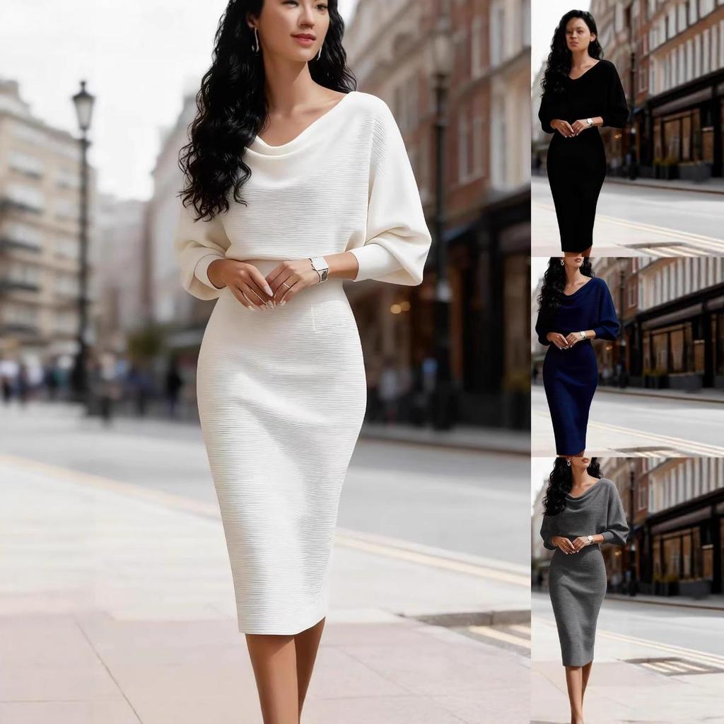 Women's Winter Autumn Long Sleeve Round Neck Slimming Batwing Dress Cinched Waist for Crossborder America Europe New