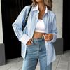 Women Spring Fall Button Down Stripes Shirt Casual Loose Collared Long Sleeve Oversized Blouse Shacket