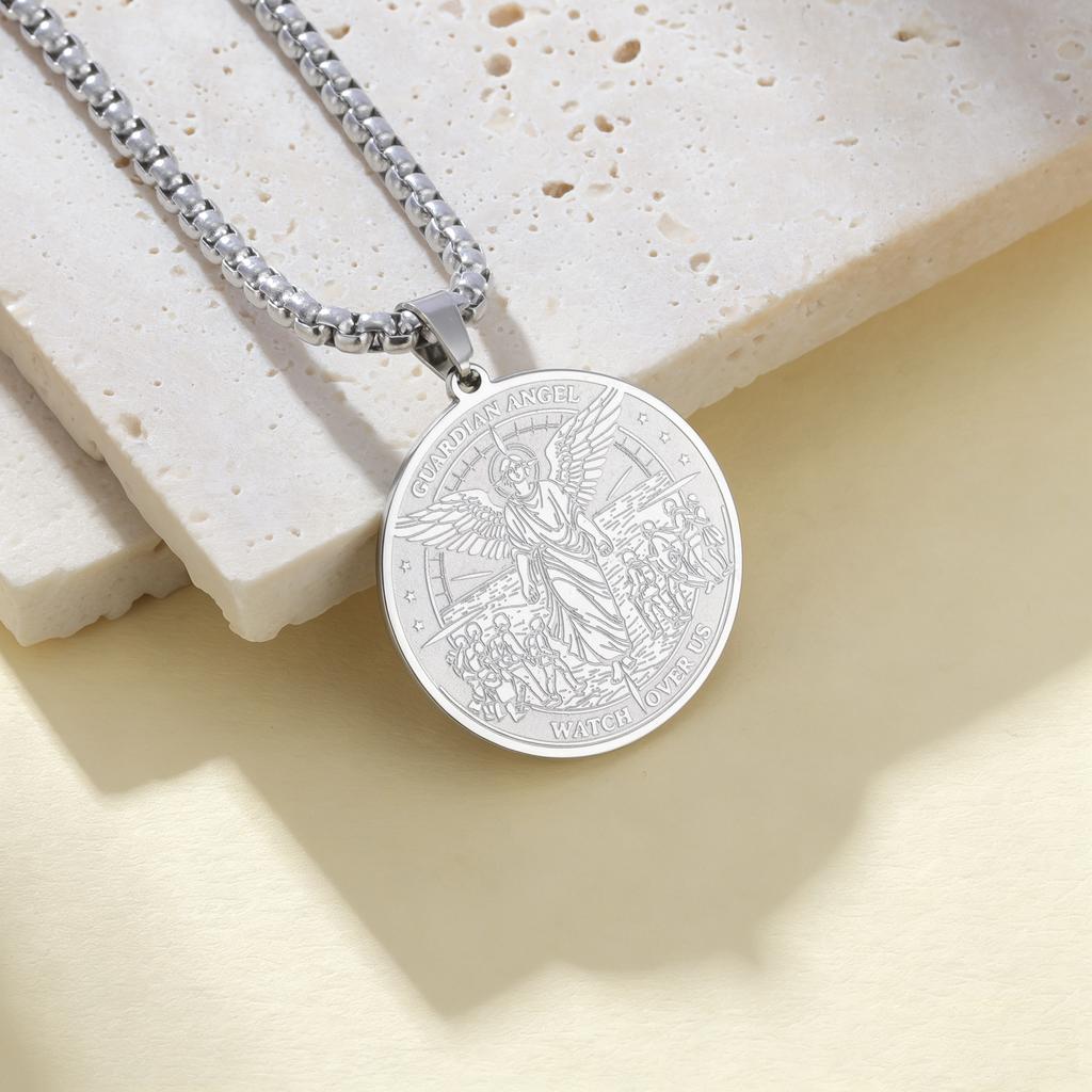Guardian Angel Coin Pendant Necklace Stainless Steel Engraved Christian Catholic Protective Amulet Medal Jewelry For Men Women