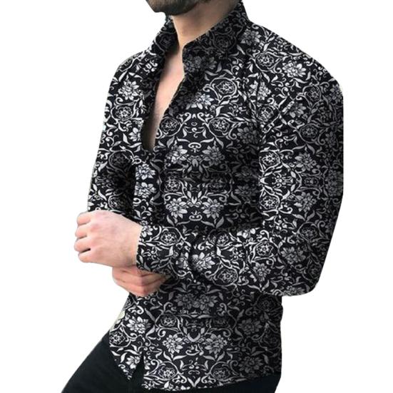 

Spring Autumn Business Men Fashion Floral Print Slim Fit Long Sleeve Shirt Top L чорний