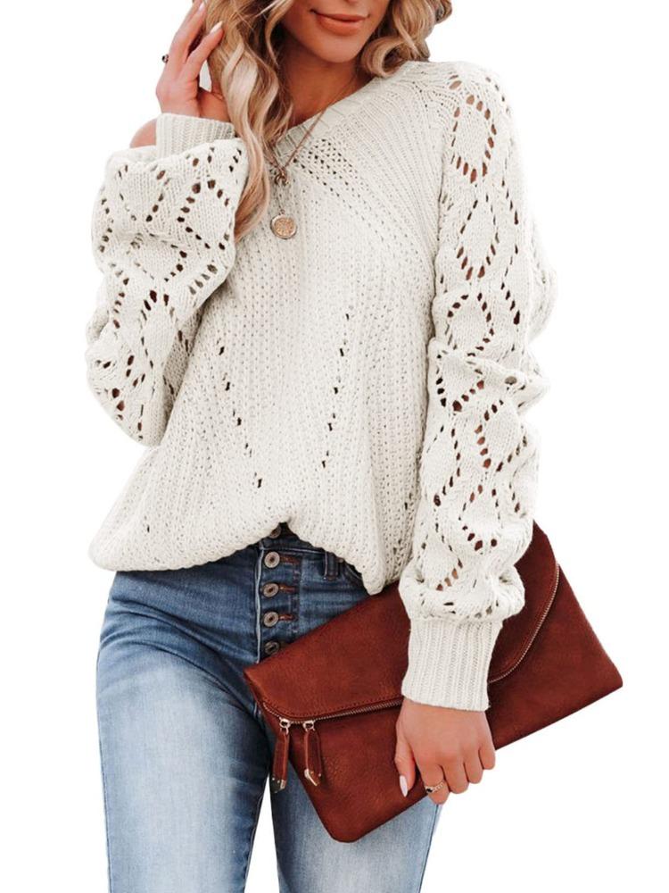 Autumn Winter Diamond Grid Sweater Women's Round Neck Hollow Out Loose Pullover Comfortable Versatile Knitted Undercoat Top