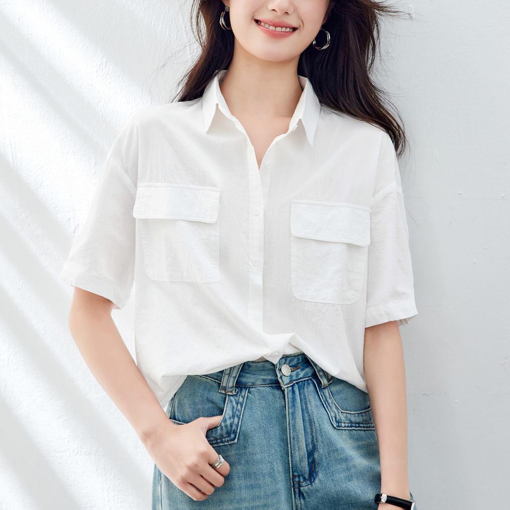 Latest Summer Korean Short-sleeved Blouse for Women Korean Relaxed Fit Double Pocket Thin Versatile Mid-sleeved V-neck