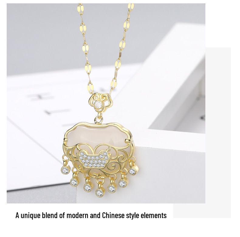 White Agate Ruyi Ping an Lock Necklace, Chinese Style Clavicle Chain with Long Life Lock Pendant for Women