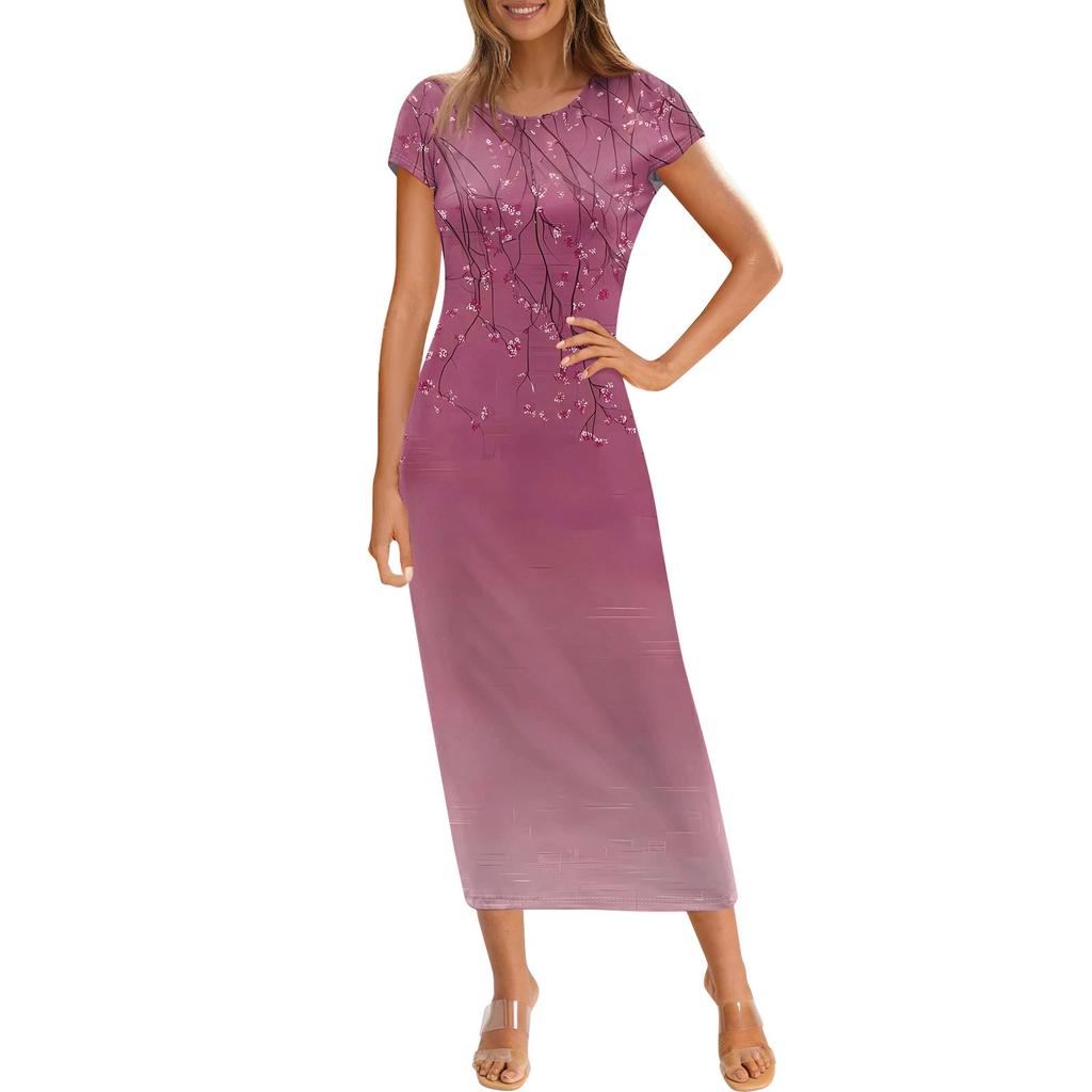 Vestido Largo Casual de Moda para Mujer con Estampado, Cuello Redondo y Manga Corta
