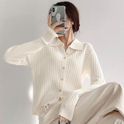 Spring Polo Collar Wool Cardigan JacketWomen's Striped Temperament Knitted Sweater Short Style