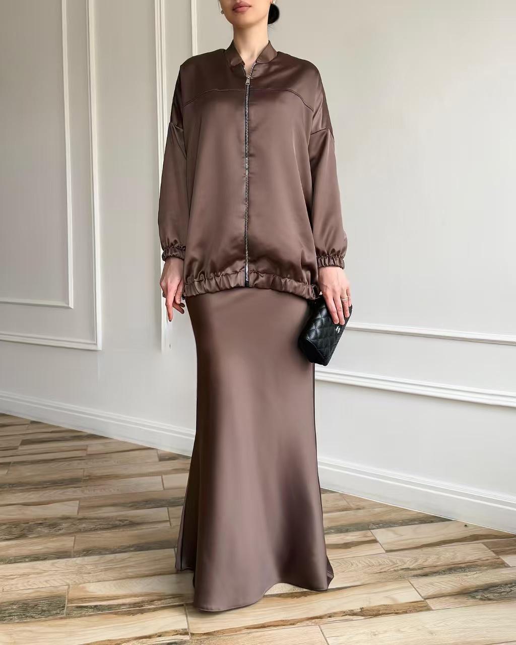 Женский однотонный атласный костюм-двойка с длинным рукавом и юбкой, высококачественный, европейско-американский, 2025 L кофейный