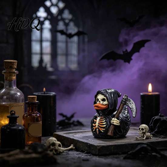 Dekorative Figur für Bar Halloween Sensenmann Ente Harzfigur Dunkel Gotische Sense Statue Totenkopf Ornamente Heim Schreibtisch Dekor Gruselige Sammlerfigur