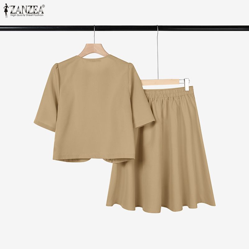 ZANZEA Women Short Sleeve Blouse and Skirts Summer Casual Two Piece Suit Sets