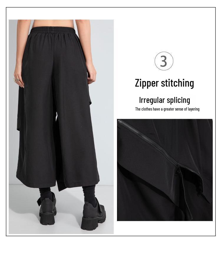 2025 Women's Autumn Elastic Waist Wide-Leg Culottes with Faux Two-Piece Design