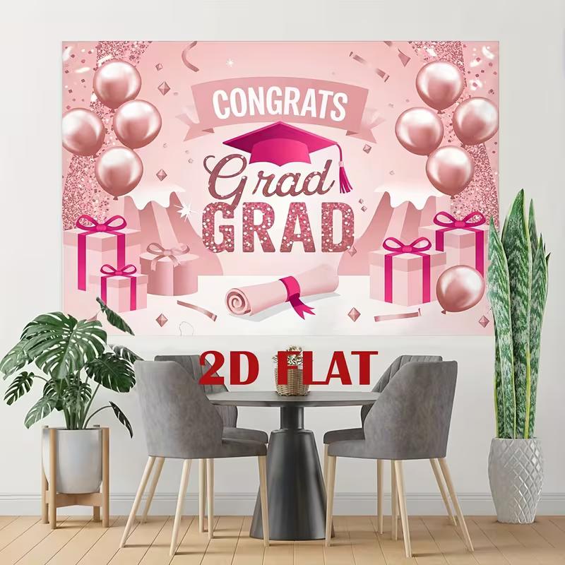 2D Pink Congrats Grad Graduation Party Backdrop 2D Glitter Pink Graduation Photo Booth Background