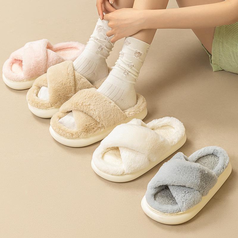 Cross Fuzzy Slippers: Non-Slip, Thick-Soled Indoor Cotton Slippers for Men and Women - Perfect for Autumn and Winter