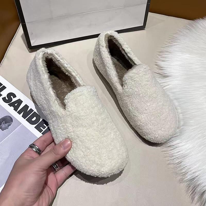 Женские осенне-зимние повседневные модные лоферы из овечьей шерсти с плюшевой подкладкой, теплые хлопковые туфли на плоской подошве, удобные женские туфли-бобы 35 бежевый
