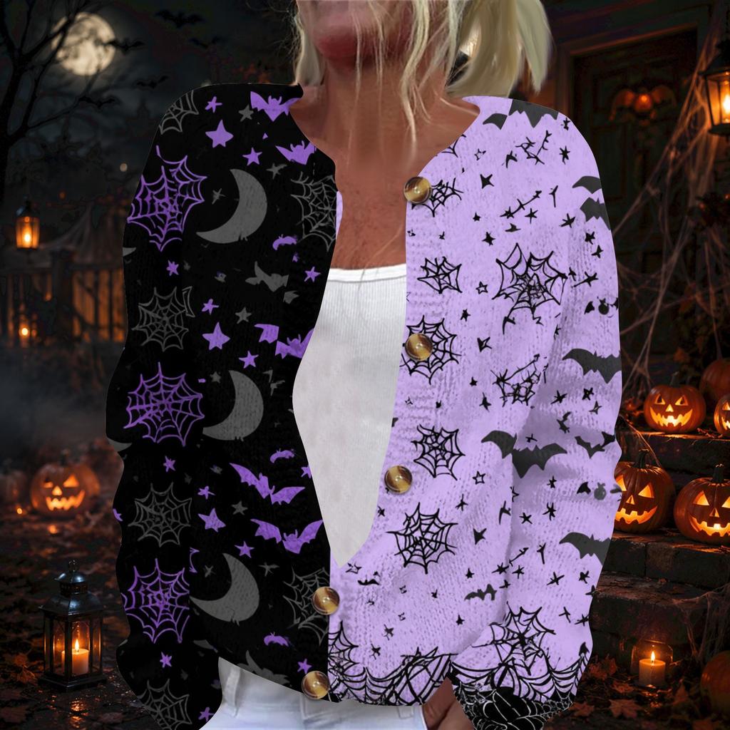 Damen Strickjacke mit langen Ärmeln und Halloween-Print, Pullover mit Knopfleiste für Herbst-Party-Outfits