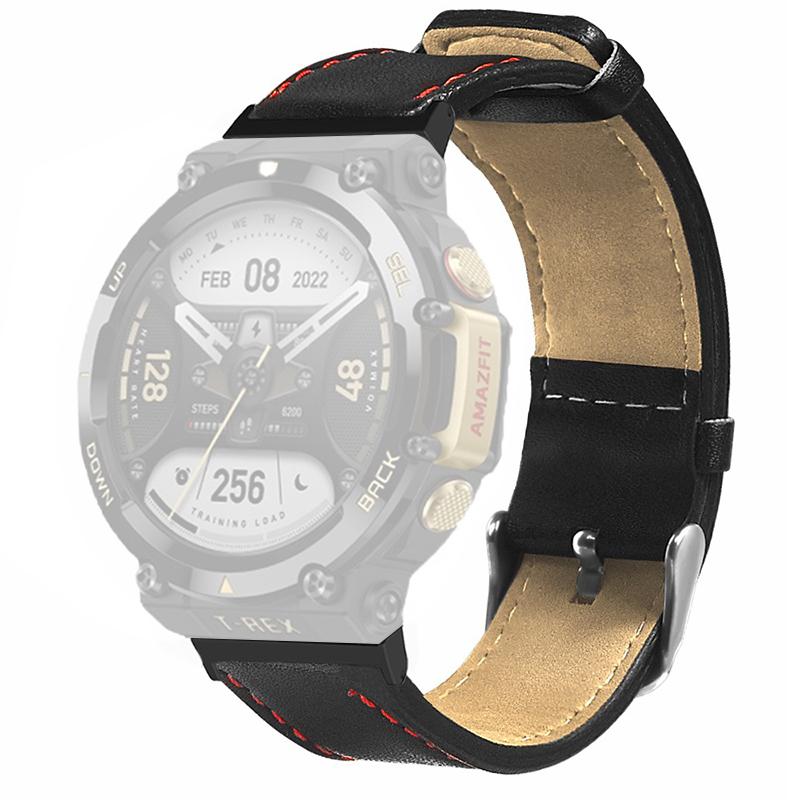 

For Huami Amazfit T-Rex 2 Watch Strap Red Stitching Lines Genuine Cow Leather Band Replacement A