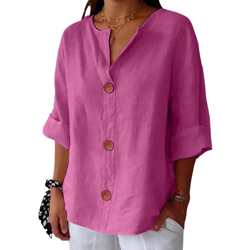 Women's Fashion Casual V-Neck Buttoned Seven-Point Sleeve Cotton T-Shirt Top