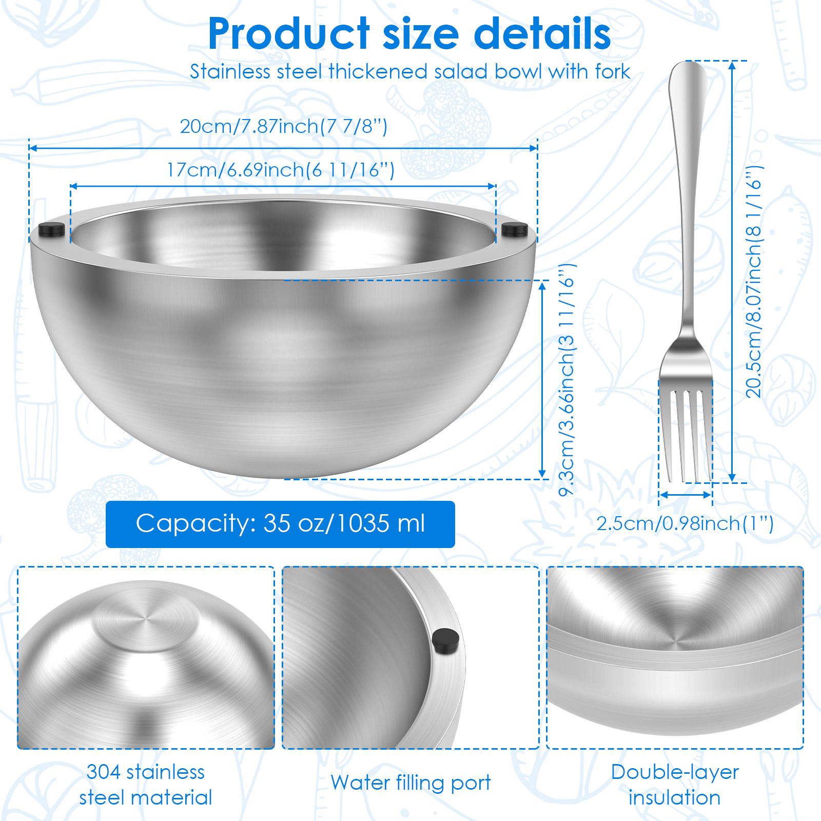 

304 Stainless Steel Insulated Salad and Dipping Bowl with Fork 35/70oz Hot and Cold Preservation Double Layer Insulation