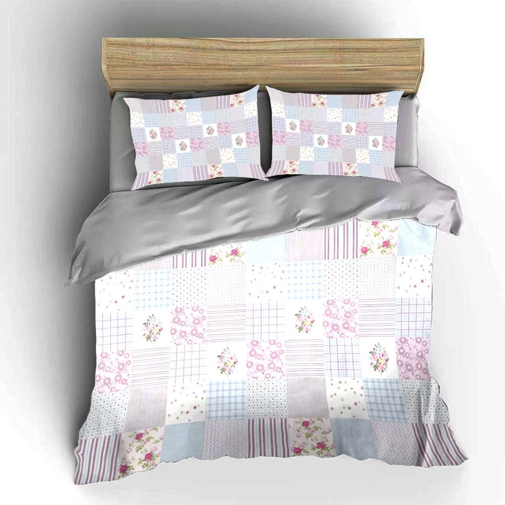 Shabby Chic Light Purple Floral Patchwork Bedding Set 3pcs Stripe Plaid Small Flower Patch Print Girls Bed Set Gift