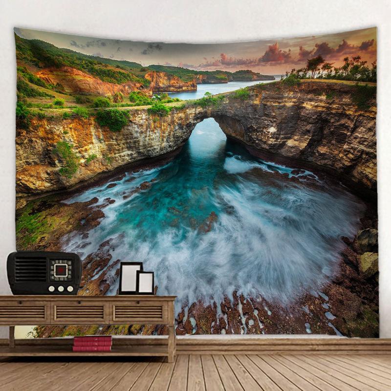 Mountain Peak Sunset Landscape Tapestry 3D Forest Waterfall Landscape Wall Hanging Home Background Cloth Decor Garden Poster