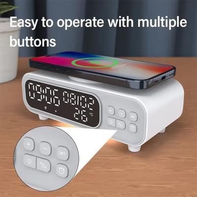 Desk Bedroom Time Alarm Clock LED Night Light Thermometer Earphone Phone Wireless Chargers Fast Charging Dock Station For iPhone