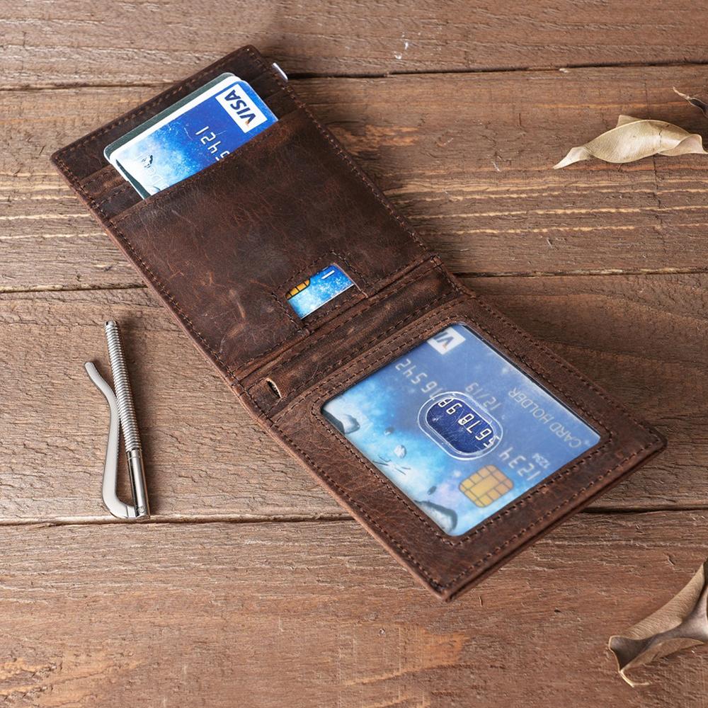Genuine Cowhide Leather Men's Short Wallet Vintage Slim Card Holder with Money Dollar Cash Clip Classic Leather Credit Card Holder for Men Daily Use