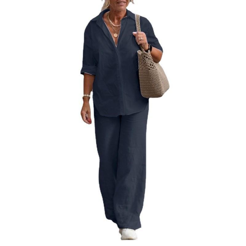 2024 Women's European & American Two-Piece Set - Lapel Long-Sleeve Shirt & Wide-Leg Pants, Spring/Autumn Casual Wear