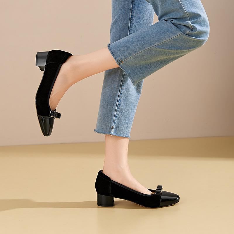 [Same as in the mall] 26 year spring new fashionable retro patchwork bow thick heel comfortable and elegant women's single shoes