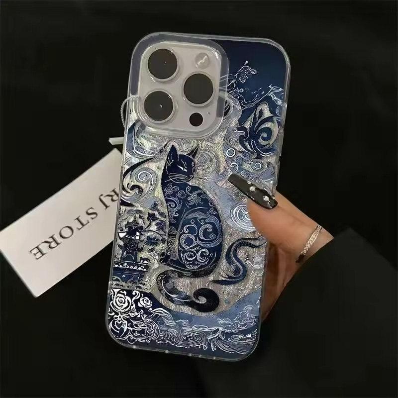 Blue Totem Cat Design Phone Case for IPhone 16 15 Pro Max 14 13 12 11 XS X XR 7 8 Plus 16e Feather Chiffon Texture Back Cover