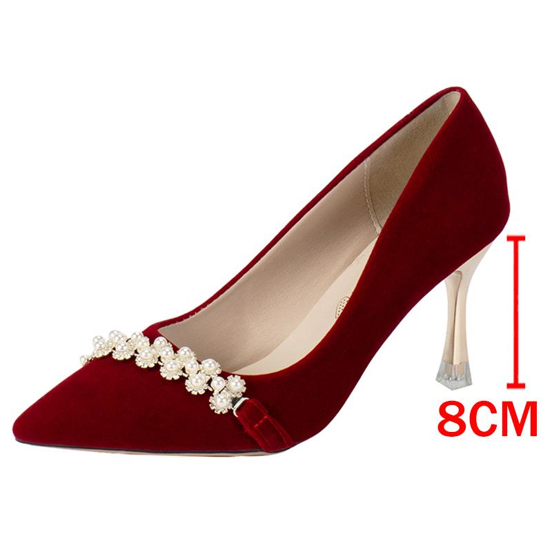 

Мода Rimocy Элегантные свадебные туфли с жемчугом и кристаллами, женские туфли-лодочки с острым носком и каблуком-шпилькой, женские туфли 2024 года из красного флока на высоком каблуке 34