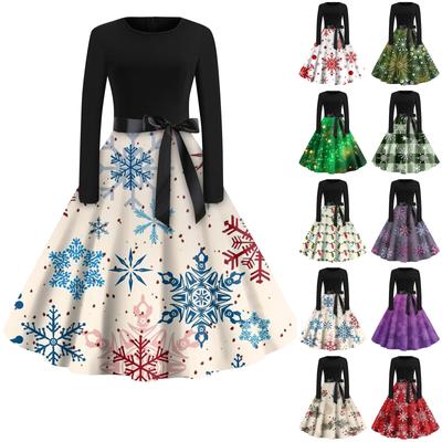 Women's Fashion Round Neck Casual Slim Christmas Printed Long Sleeve Dresses