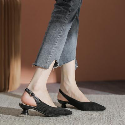 Fashion Fly Weaving Med-high Heels Shoes Woman Pointed Toe Leopard Sandalias Back Strap Knitting Pumps Women Mixed Color Heeled Sandals