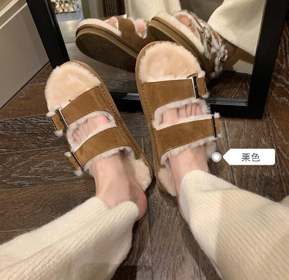 

Мода 2024 Классические женские меховые шлепанцы Зимние флисовые шерстяные тапочки Mujer Нубук Коровья кожа Шлепанцы Женские шлепанцы с ремешком-пряжкой 5 верблюд
