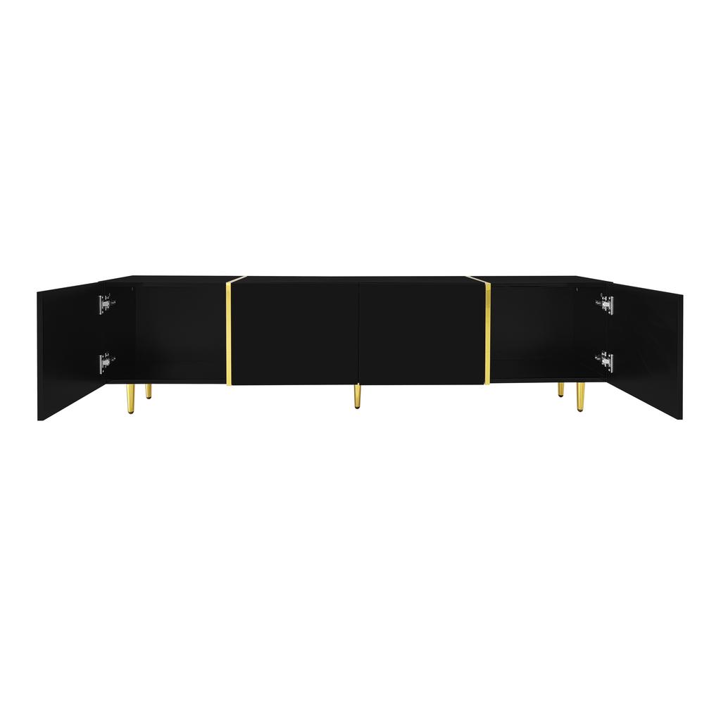 Black High-gloss TV Cabinet with 4 Doors, Modern and Simple, In Black-gold Color Combination