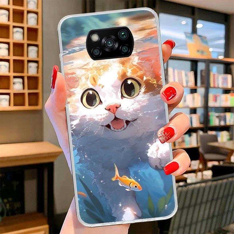 Cartoon Cute Cat Fish Aesthetic Cover Phone Case For Xiaomi Poco F7 Ultra X7 X6 X5 Pro M7 Redmi 15C 15 13C 13 12C 12 10C 10 9A 9