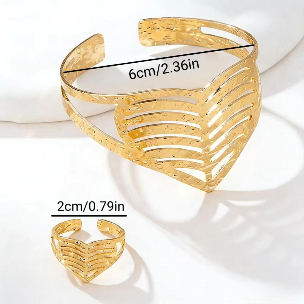 Women's Fashionable Metallic Heart Cutout Bangle and Ring Set