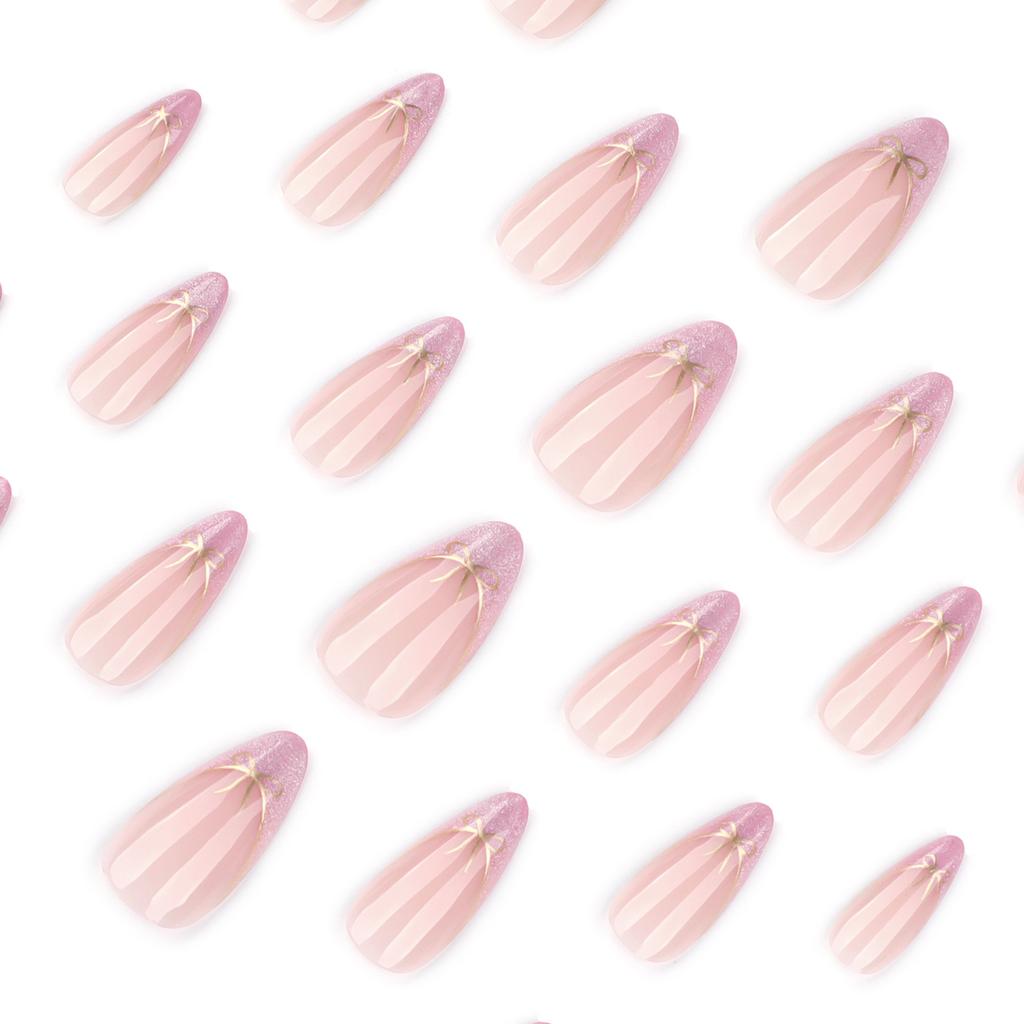 French Pink False Nails 24Pcs Almond Shape With Bowknot Decoration For Wedding Party