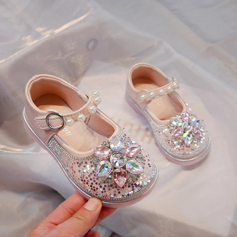 

Little Girl Leather Shoes Spring Autumn Luxury Rhinestone Children s Flats Fashion Sequins Kids Causal Princess Ballet Shoes 23 рожевий