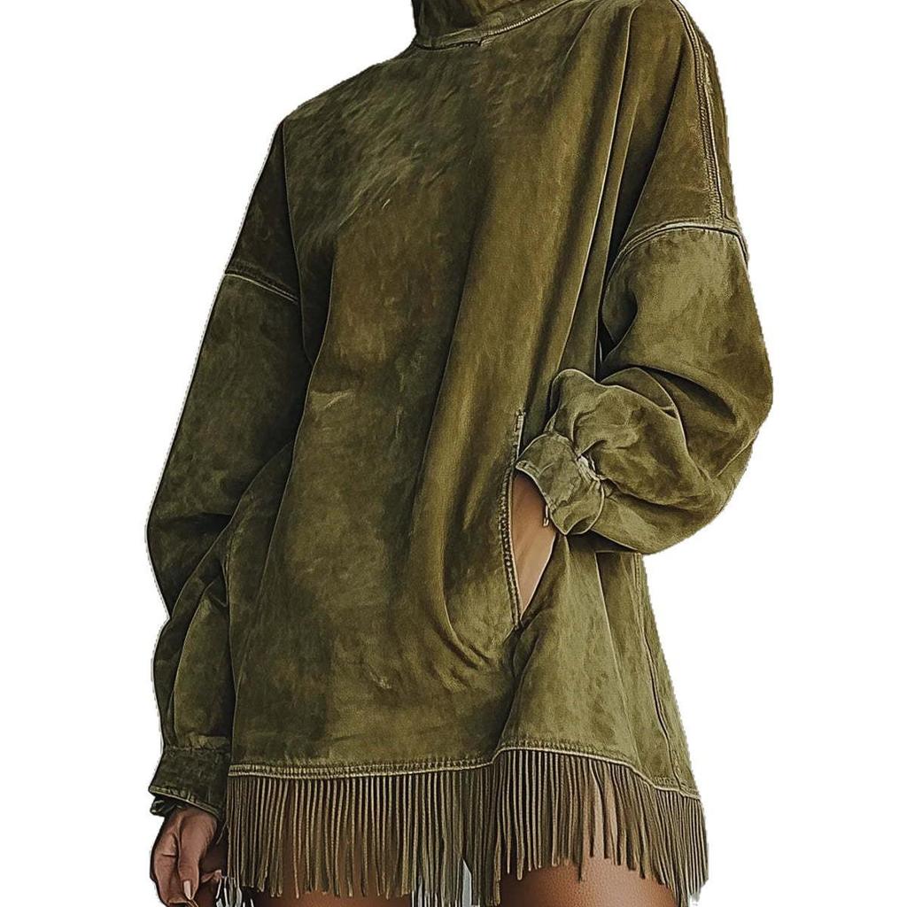 High Neck Loose Pocket Tassel Long Sleeve Suede Dress, 2026 Edition
