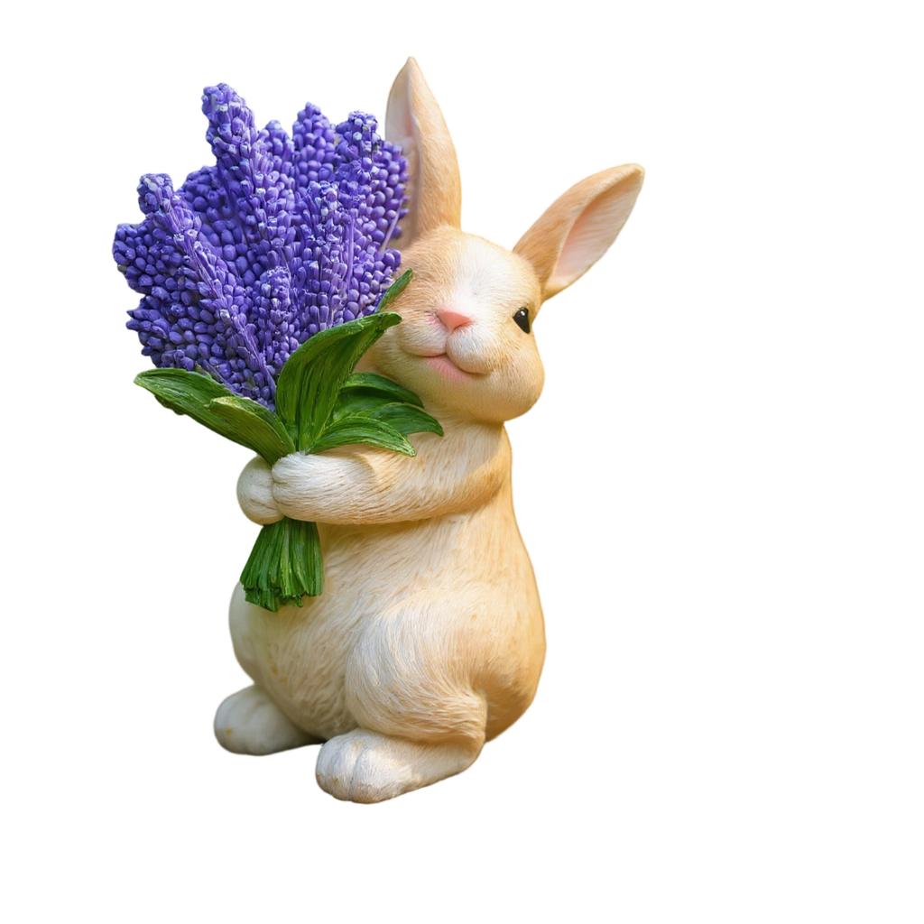 Easter Bunny Figurine, Resin Craft Ornament, Easter Gift, Holding A Bouquet Of Flowers.