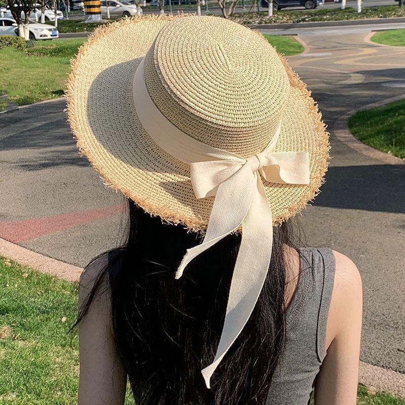 Women's Summer Flat Top Frayed Edge Straw Woven Hat Wide Brim Vacation Beach Sun Protection Hat Bowknot Decor Straw Cap