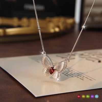 S925 Silver Butterfly Necklace with Natural Crystal, Brushed Choker Jewelry for Women