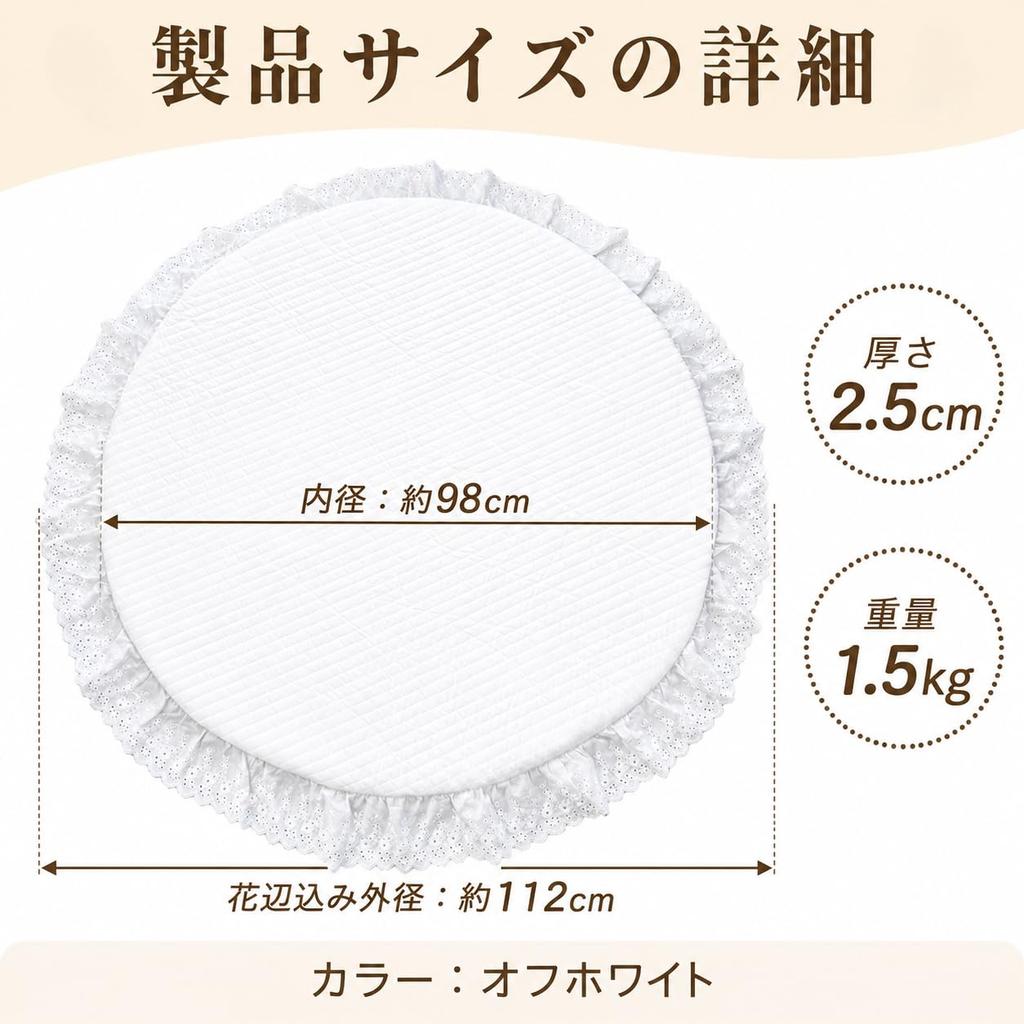 Sunny Mat Baby Play Mat, Round, 98cm Diameter, Cotton, Quilted, Lace Trim, Washable, Removable Cover, Non-Slip Bottom, Perfect for Monthly Photos, Nap