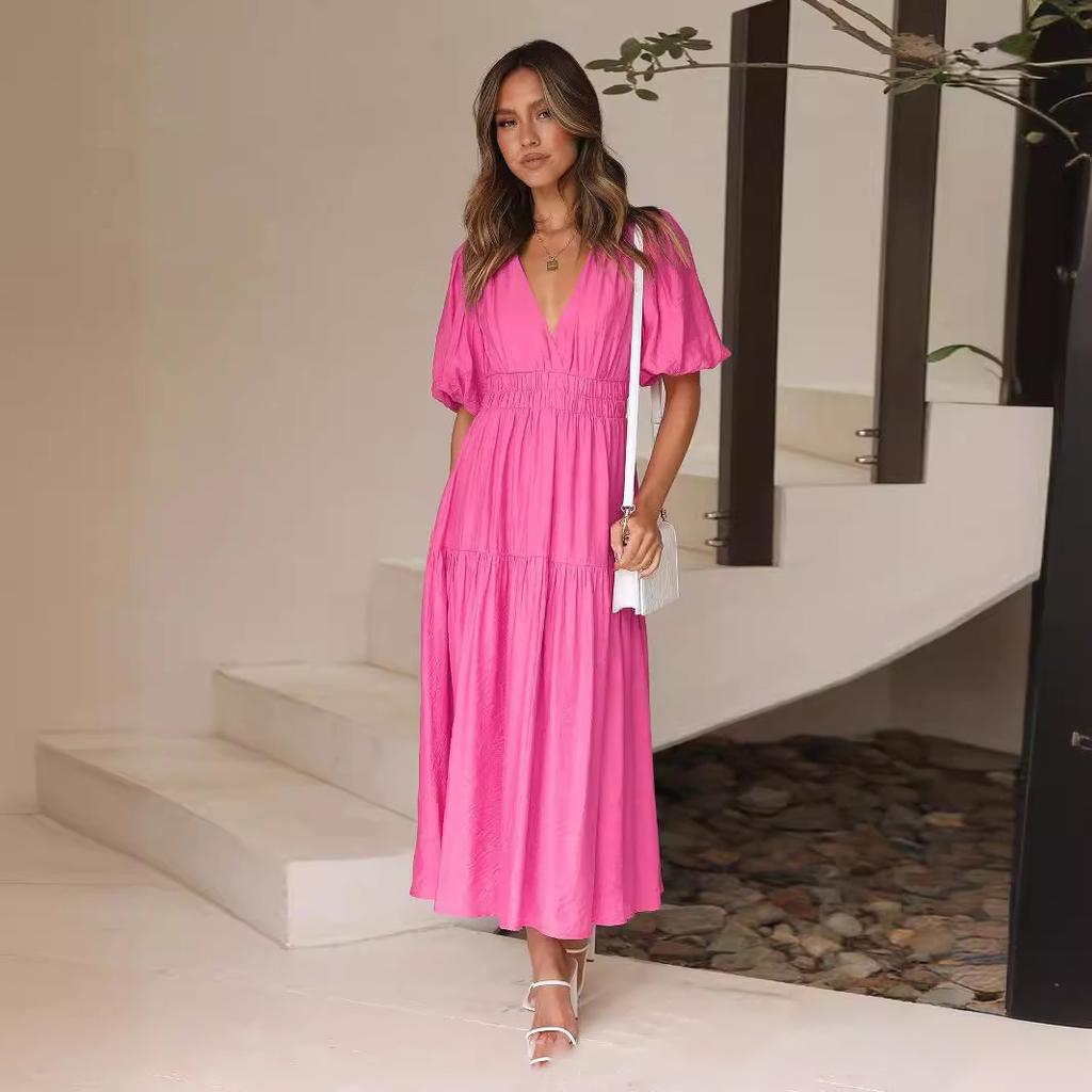 Women's V Neck Formal Lace V Neck Maxi Dress Ruffle Fringe Short Sleeve Boho Wedding Guest Long Dresses