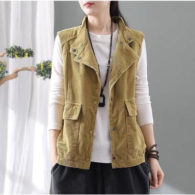 Women's Cardigan Vest Double Corduroy Cardigan Vest Jacke Simple Retro Camisole Lapel Fleece Top Jacket