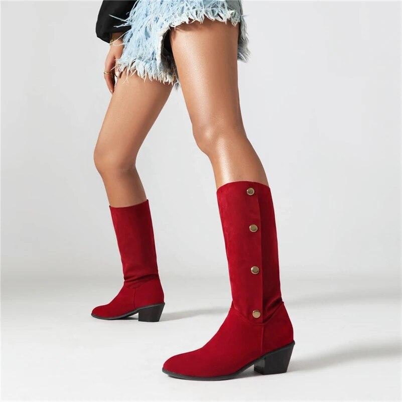 Damen-Stiefel mit mittlerer Wade, runde Zehen, dicke High Heels