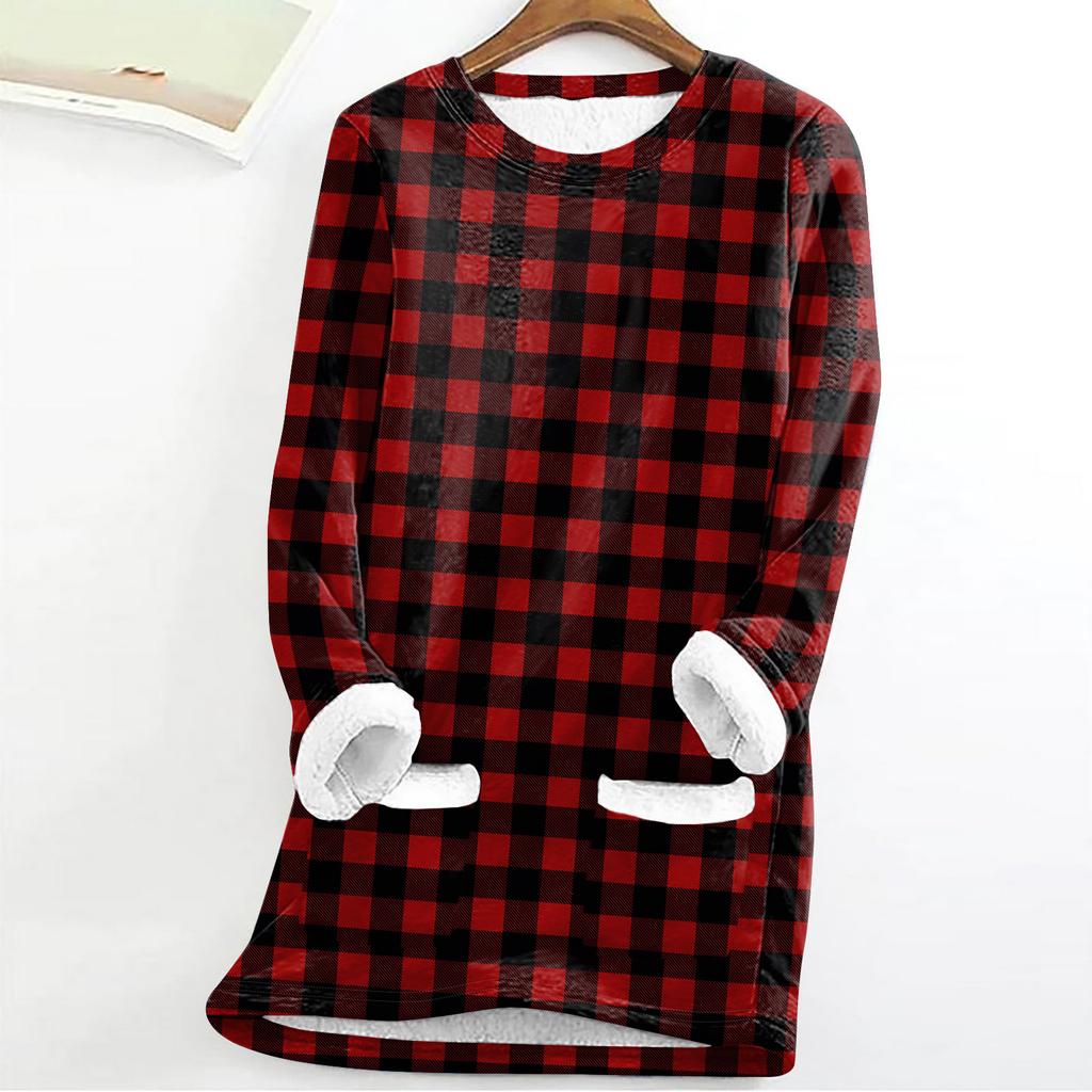 Women's Fashion Plaid Print Round Neck Long Sleeve Plush Winter Warm Pullover Top