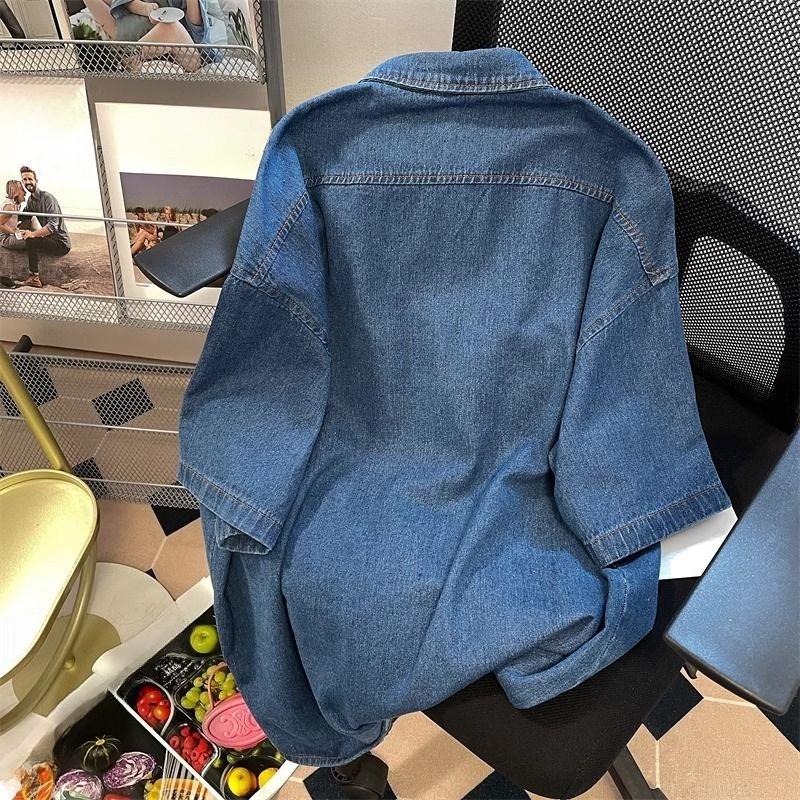 Broderte Teddybjørn Denim Dameskjorter Sommer Løse Kortarmede Bluser Amerikansk Retro Nedbrettskrage Cardigan