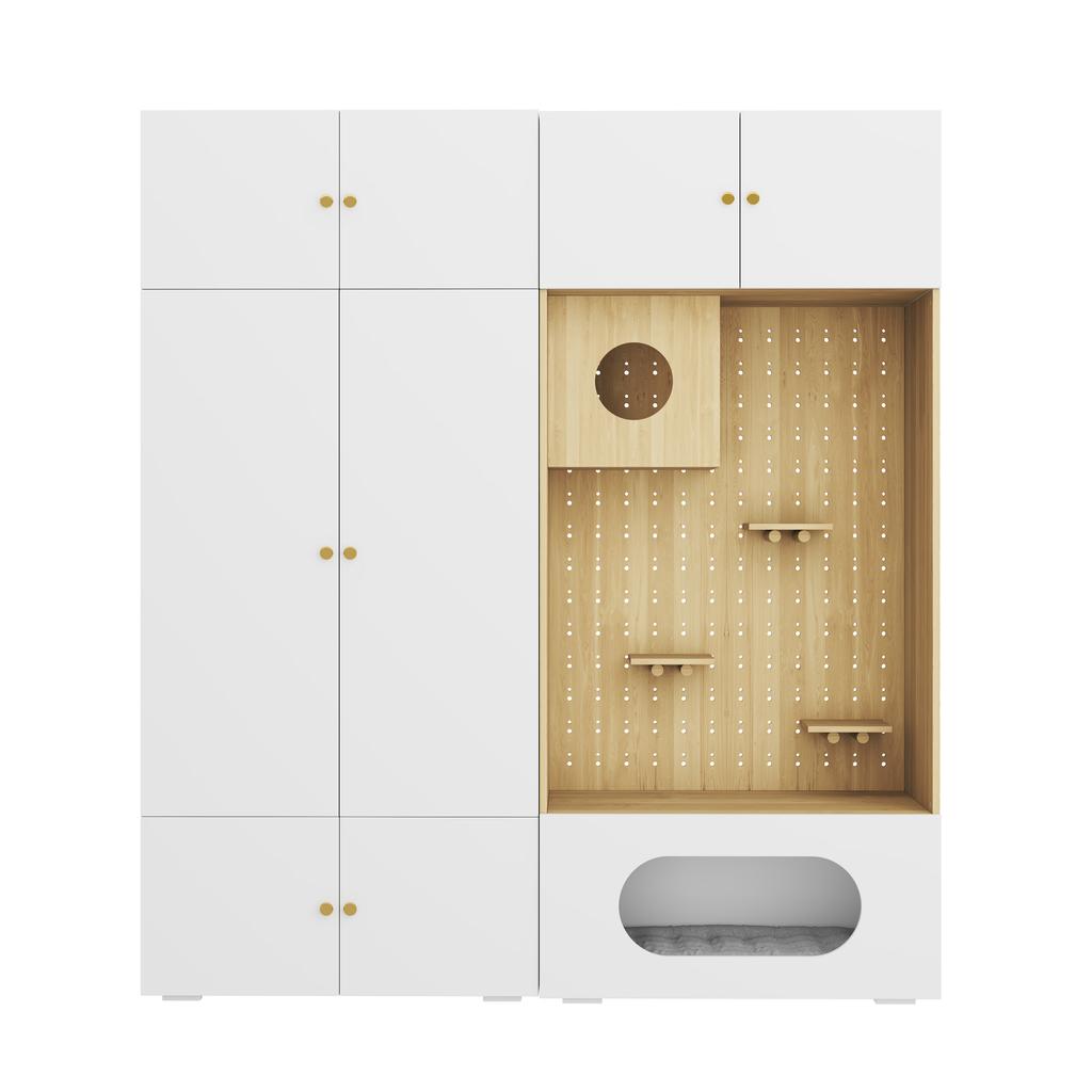 Kleiderschrank-Set, Haustierschrank, 180 x 50 x 200 cm, mit Kleiderstange, Katzenkletterwand und Kissen, für Schlafzimmer, Wohnzimmer und Flur, Weiß+Holzoptik