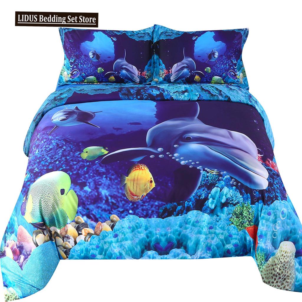 Fisch Bettbezug Set Ozean Bettwäsche Sets 3D Gedruckte Unterwasserwelt Mit Hai Delfin Korallenriff Muster Bettdeckenbezug Set 2/3tlg