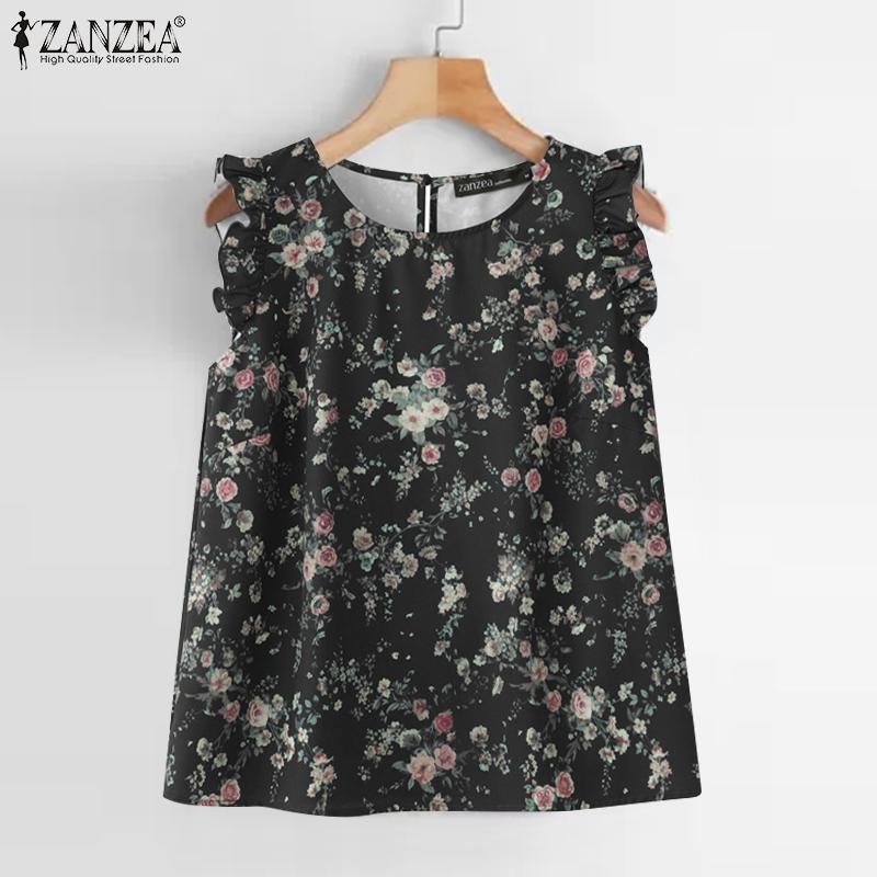 ZANZEA Maiouri casual de damă cu gât rotund, imprimeu floral și fără mâneci